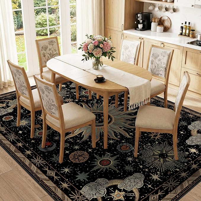 Vacuum-Friendly, 9x12 Washable Area Rug, Black Green Beige | Sun and Moon Boho Gothic Non-Slip Low Pile Living Roon Bedroom Dining Room Kitchen Entry Entryway Entrance Hallway Doormat