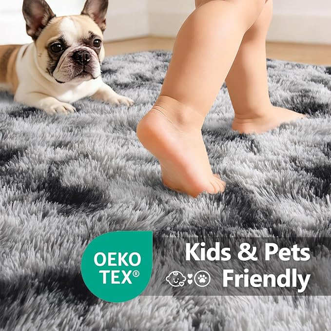 9x12 Extra Large Area Rugs for Living Room, Shaggy Non-Slip Tie-Dyed Rugs for Bedroom Kids Playroom Dorm Room, High Pile Ultra Soft Carpet, Black White
