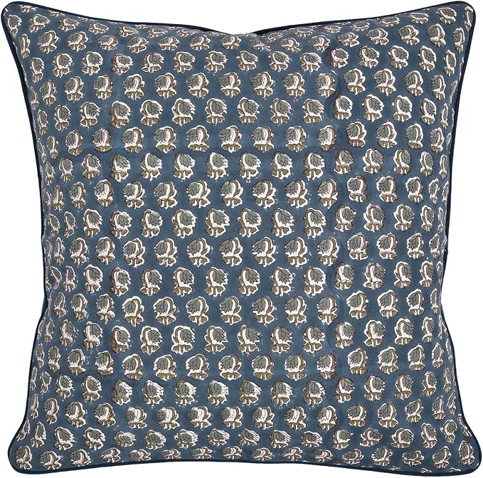 Ridhi Block Print Peacock Blue Pillow Cover 16" x 16" (Pack of 2) Decorative Couch Pillows for Living Room, Farmhouse Chic Boho Cute Outdoor Pillows Covers Gifts for Spring, Mother's Day