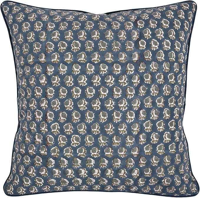 Ridhi Block Print Peacock Blue Pillow Cover 24" x 24" (Pack of 2) Decorative Couch Pillows for Living Room, Farmhouse Chic Boho Cute Outdoor Pillows Covers Gifts for Spring, Mother's Day