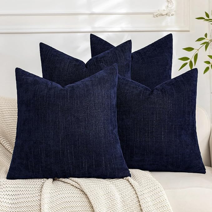 Set of 4 Soft Textured Decorative Throw Pillow Covers 18x18 Inch Cozy Farmhouse Cushion Cover Square Accent Pillow Cases for Bed Couch Sofa Living Room, Navy Blue