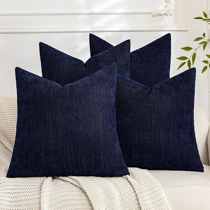 Set of 4 Soft Textured Decorative Throw Pillow Covers 22x22 Inch Cozy Farmhouse Cushion Cover Square Accent Pillow Cases for Bed Couch Sofa Living Room, Navy Blue