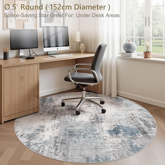 Abstract 5FT Round Rug: Machine Washable Non Slip Ultra Thin Low-Pile Carpet, Soft Stain Resistant for Living Room Bedroom Nursery, Kid Pet Friendly, Robot Vacuum Compatible - Grey Blue