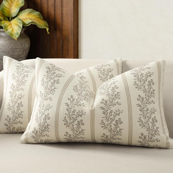Vintage Throw Pillow Covers 12x20 Set of 2, Striped Floral Pillow Cover Botanical Patterned Decorative Cushion Covers Modern Farmhouse Home Decor for Sofa Couch Bed Living Room, Light Brown