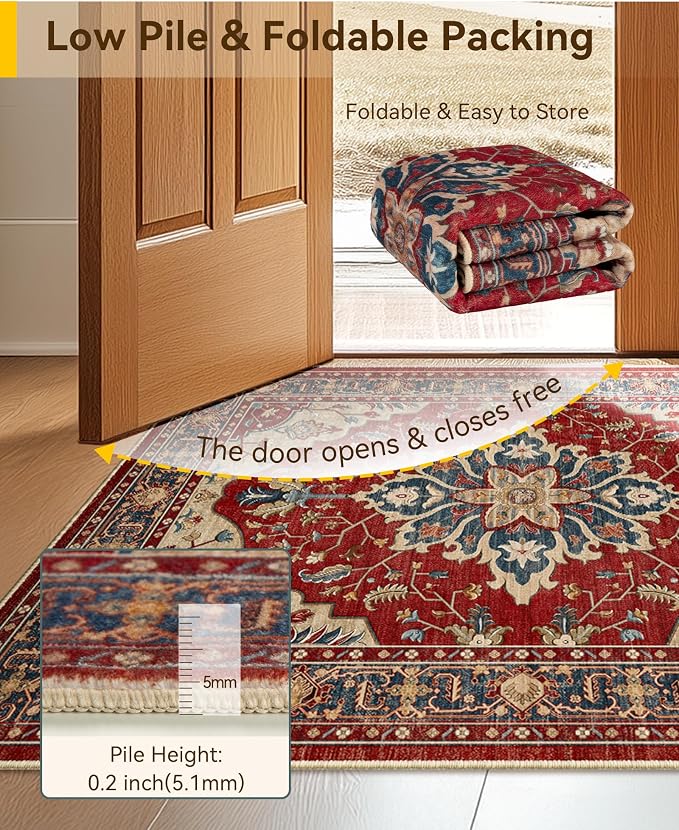 RELEANY Area Rugs 3'x5' Washable Non-Slip, Floral Vintage Distress Medallion Carpet for Living Room Bedroom Dining Room, Red Blue