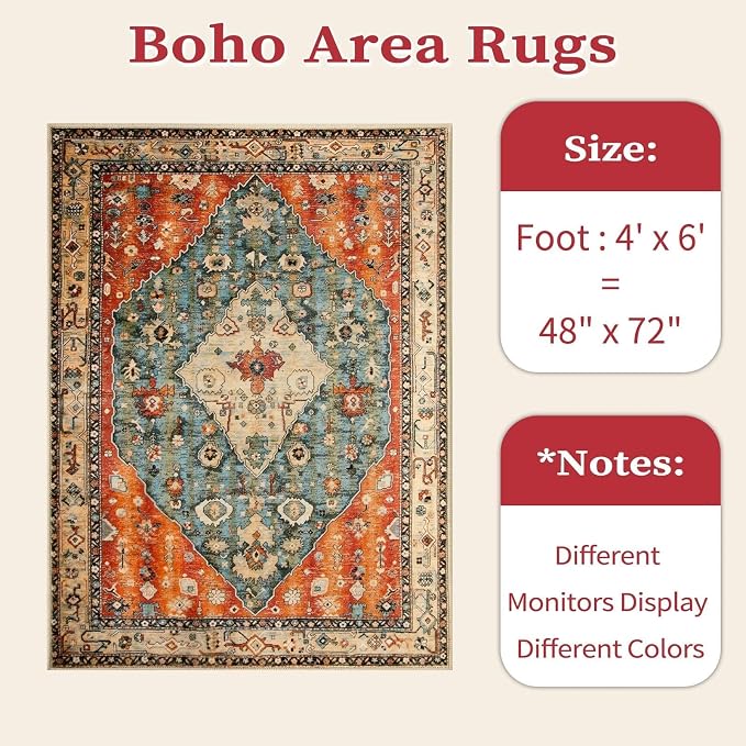 SERISSA Bedroom Rug 4x6 Boho Tribal Rug, Vintage Washable Area Rugs Non Slip, Ultra Soft Print Distressed Low-Pile Throw Carpet for Bedroom Nursery Dorm Kitchen Living Room Decor