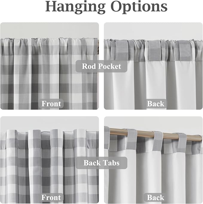 95 Inch Plaid Blackout Curtain Panels for Bedroom Living Room | Grey White Farmhouse Drapes with Rod Pocket Back Tabs,Thermal Insulated Window Treatment,40"Wx95"Lx2