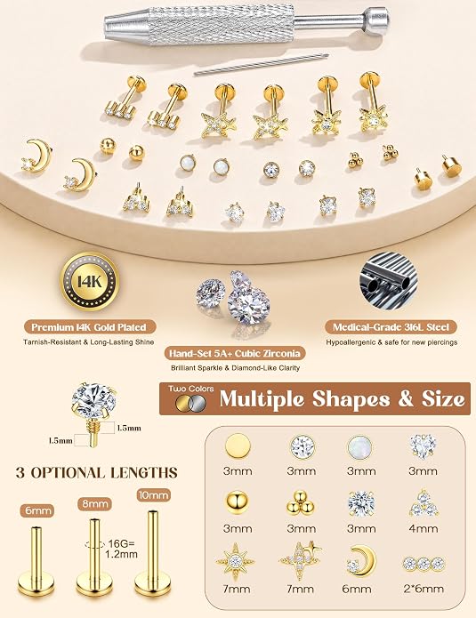 Drperfect 16G/18G Flat Back Stud Earrings for Women, Hypoallergenic Surgical Steel Gold Silver Plated Internal Thread Stud Piercing Jewelry for Tragus Helix Cartilage Conch Nose Lip Medusa Piercing