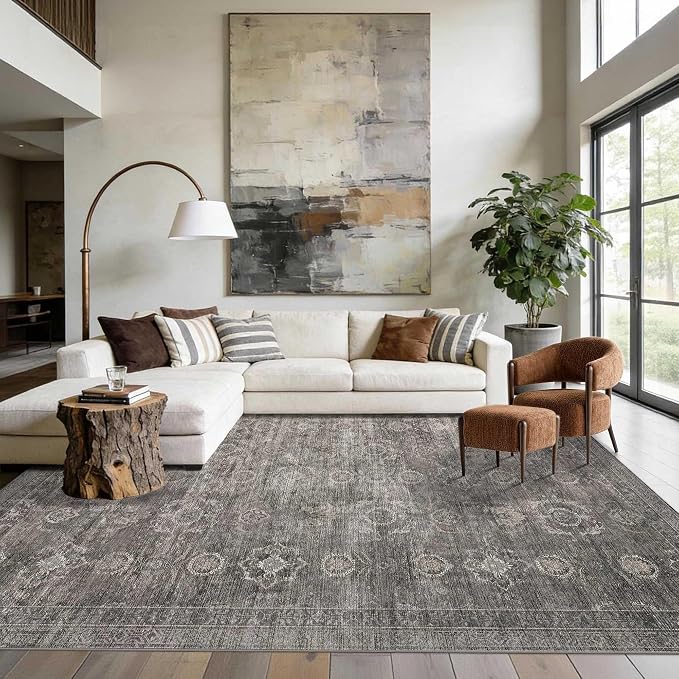 Rugxara 8x10 Area Rugs for Living Room Large Washable Rug, Taupe/Grey | Non Slip, Rug for Dining Room Bedroom Office Kids Room, Stain Resistant, Soft, Low Pile, Vintage Boho Retro Carpet,Home Decor