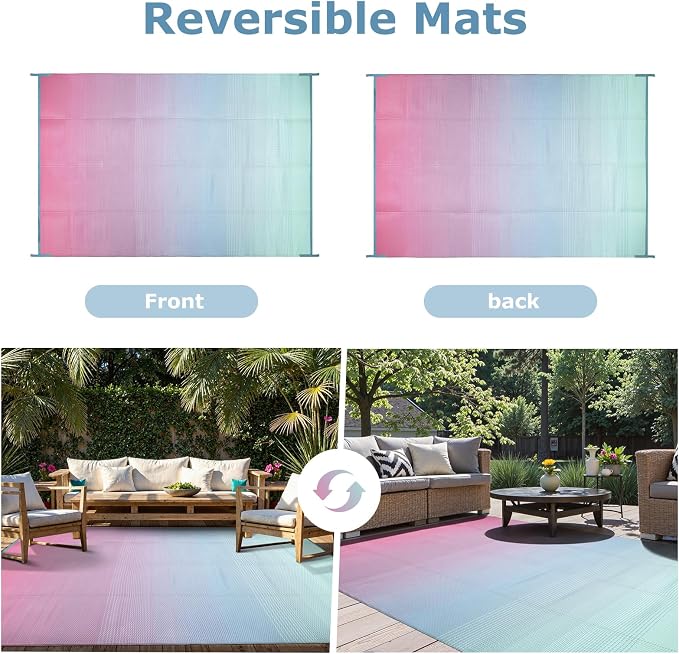 Lahome 6x9 Outdoor Rugs for Patios Outside, Plastic Straw Stain Resistant Rug Reversible Rv Mat, Porch Floor Carpets for Camping Deck Balcony Tent, Pink Green 6'x9'