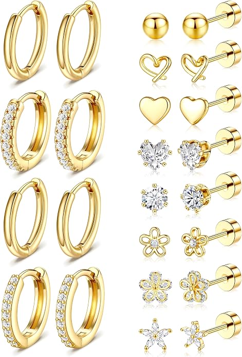 Hypoallergenic Gold Stud Earrings for Women - 14k Gold Plated Surgical Stainless Steel Flat back Earrings Set Small Huggie Hoop Flatback Earring for Sensitive Ears Screw Back Cartilage Piercing Jewelry
