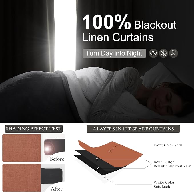 Fall Burnt Orange Curtains Blackout 105 Inches Long 2 Panels Set,Terracotta Autumn Color Decor Retro for Living Room/Bedroom Antique Copper Rust Boho 70s Window Pleated Linen Drapes (W50"xL105")