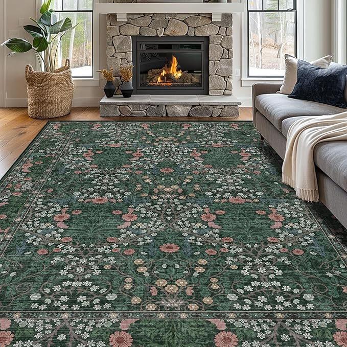 Vintage Green Living Room Rug, 9x12 Washable Area Rugs for Dining Room Under Table, Soft Low Pile Large Carpet Bedroom, Non-Slip Boho Floral (9 x 12 Green)