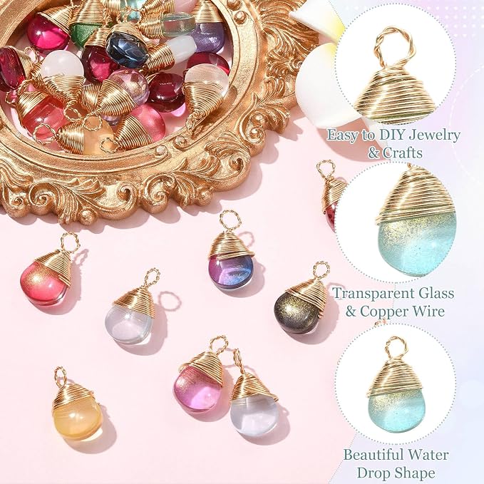 DanLingJewelry 50pcs Random Color Faceted Teardrop Glass Charms Crystal Glass Dangle Pendants with Wire Wrapped for Jewelry Making