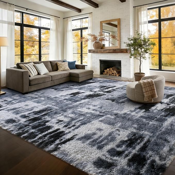 9x12 Extra Large Area Rugs for Living Room, Shaggy Non-Slip Tie-Dyed Rugs for Bedroom Kids Playroom Dorm Room, High Pile Ultra Soft Carpet, Blue