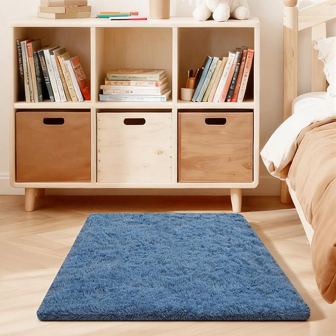 3x5 Rugs for Bedroom, Blue Fluffy Area Rugs for Living Room, Small Fuzzy Shag Soft Non-Slip Carpet for Kids Girls and Boys Nursery Dorm Indoor Room Home Decor (3ft X 5ft, Blue)