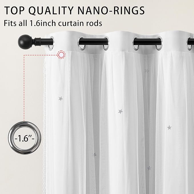 XiDi White Curtains with Sheer Overlay for Girls Bedroom 2 Panels Blackout Double Layer Curtains 54 Inches Length for Kids Princess Nursery Room Star Cut Out Grommet Small Window Drapes W34 X L54