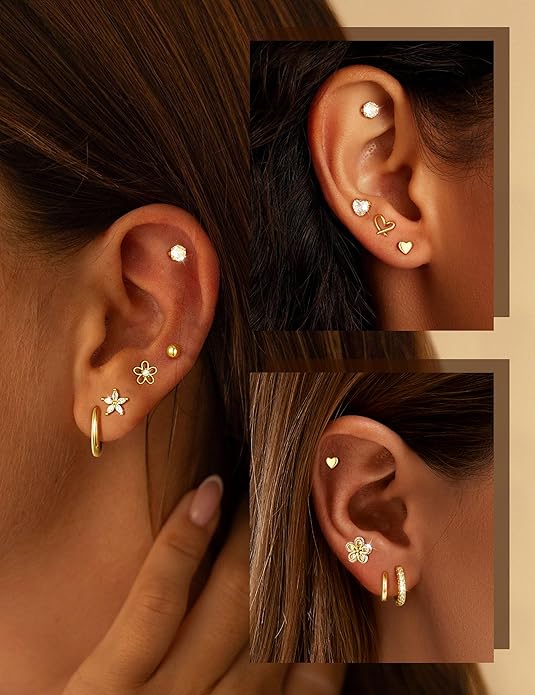 Hypoallergenic Gold Stud Earrings for Women - 14k Gold Plated Surgical Stainless Steel Flat back Earrings Set Small Huggie Hoop Flatback Earring for Sensitive Ears Screw Back Cartilage Piercing Jewelry