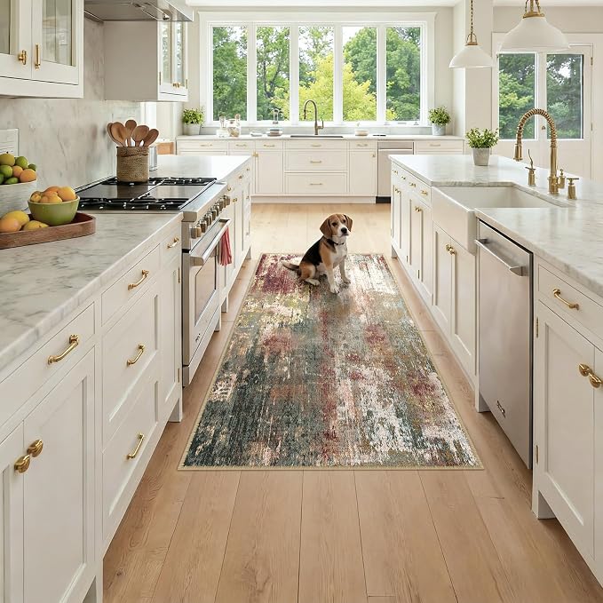 RELEANY Washable Area Rugs 3x6 Non-Slip Modern Abstract Soft for Living Room Entryway Bedroom Kitchen, Print Pattern, Brown Rust Red Green Blue Multi