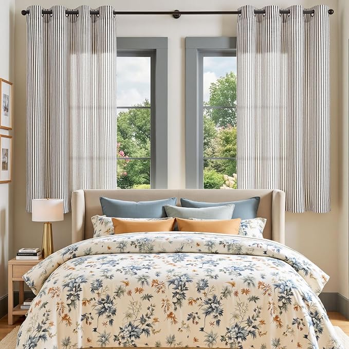 Vangao Linen Stripe Black Curtains Tickingstripe Light Filtering Window Curtains Pinstripe Printed on Beige Drapes 63 Inches Long for Living Room Bedroom Dorm 2 Panels