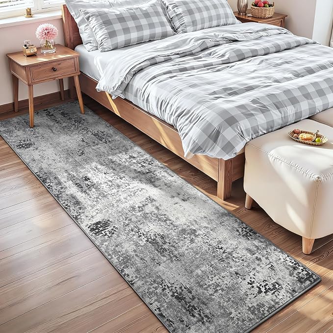 2x8 Grey Rug Runners for Hallways Kitchen Runner Rug Non Slip Washable Black Long Runner Rugs with Rubber Backing Soft Abstract Carpet Runner for Bedroom, Kitchen, Bathroom, Entryway