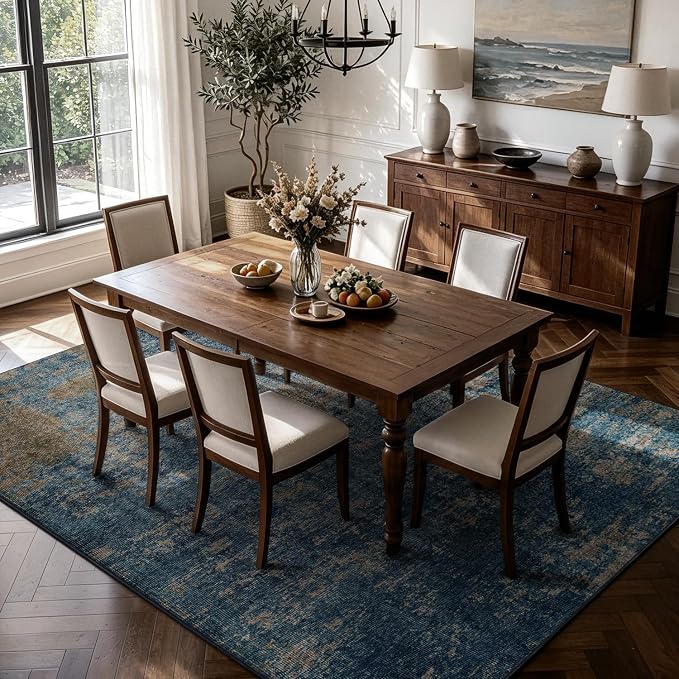 Blue Washable Rugs 8x10 Area Rugs for Living Room,Bedroom,Dining Room-Neutral Modern Abstract Rugs with Non Slip Backing,Large Soft Carpet for High-Traffic Areas Nursery Farmhouse Home Office