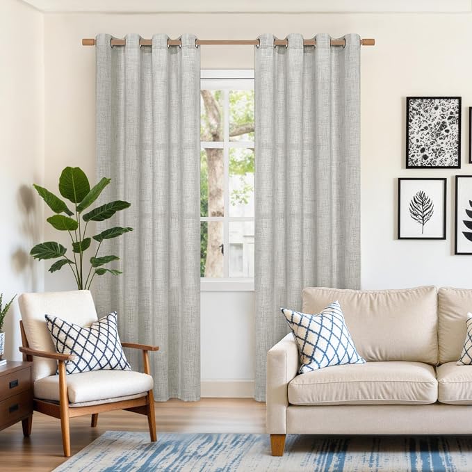 YoungsTex Light Grey Linen Curtains 80 Inches Long 2 Panels Set, Light Filtering Textured Window Drapes with Bronze Grommet Privacy for Bedroom Office Living Room, 52 x 80 Inch