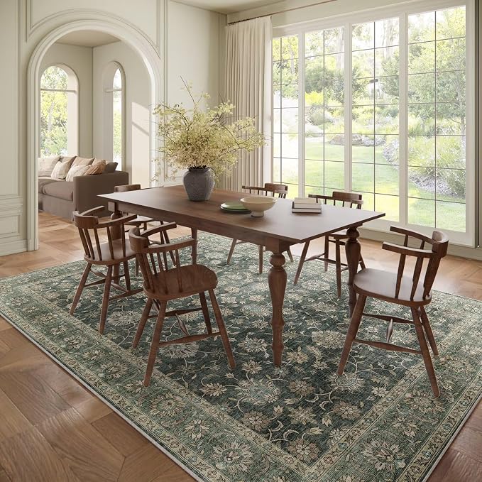 Boho Washable 8x10 Area Rugs for Living Room, Cushioned, Sage Green | Vintage Non-slip Neutral Oriental Rugs for Bedroom Dining Room Nursery Office High Traffic Area