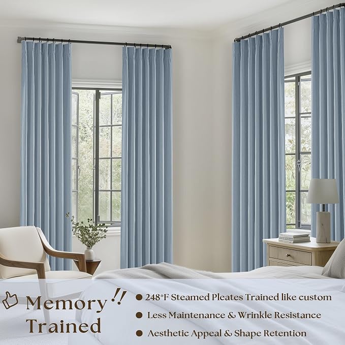 Light Blue Pleated Linen Blackout Curtains 90 Inches Long 2 Panels W40xL90 | Pinch Pleat with Ring Hooks Back Tab, 100% Black Out Thermal Insulated Drapes with Liner, for Bedroom Living Room, Dusty Blue
