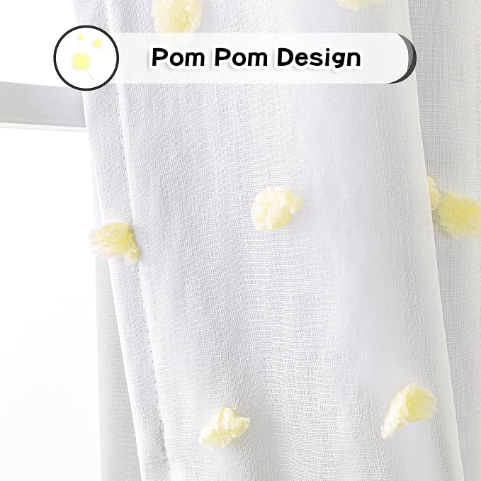 MYSKY HOME 100% Blackout Curtains for Nursery Thermal Insulated Yellow Pom Pom Curtains 63 Inch Length for Girls Bedroom 2 Panels Grommet White Sheer Curtains for Dining Room, 52W x 63L