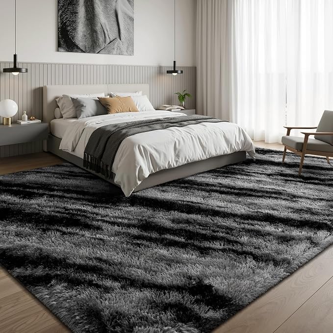 Deerhoo Large Shag Area Rugs 8 x 10, Tie-Dyed Plush Fuzzy Rugs for Living Room, Ultra Soft Fluffy Furry Rugs for Bedroom, Anti-Skid Indoor Carpet Nursery Rugs for Kids Room Home Decor, Black Grey