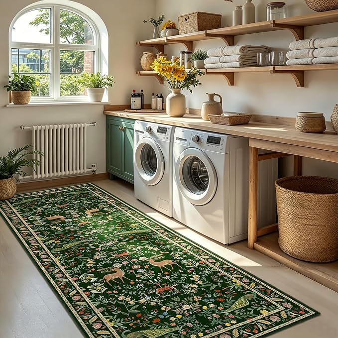 Lunasun Green Washable Floral 2x6 Runner Rug for Hallway- Stain Resistant Kitchen Runners, Botanical & Animal Indoor Floor Mat for Bathroom, Soft Non Slip with Rubber Backed