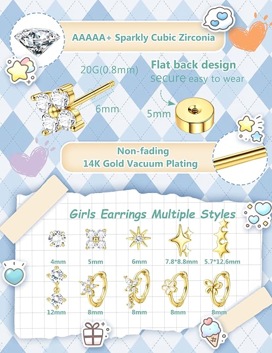 SAILIMUE Hypoallergenic Flat Back Earrings for Girls Women - Cute Toddler Kids Earrings Set Surgical Stainless Steel Earring for Sensitive Ears Small 14K Gold Plated Stud Hoop Earring Stacks