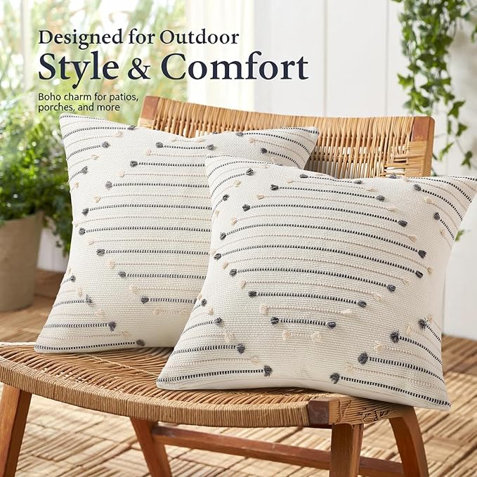 Mecatny Boho Summer Outdoor Throw Pillow Covers 20X20 Set of 2, Farmhouse Decorative Pillow Covers for Couch Sofa Living Room, Beige & Grey