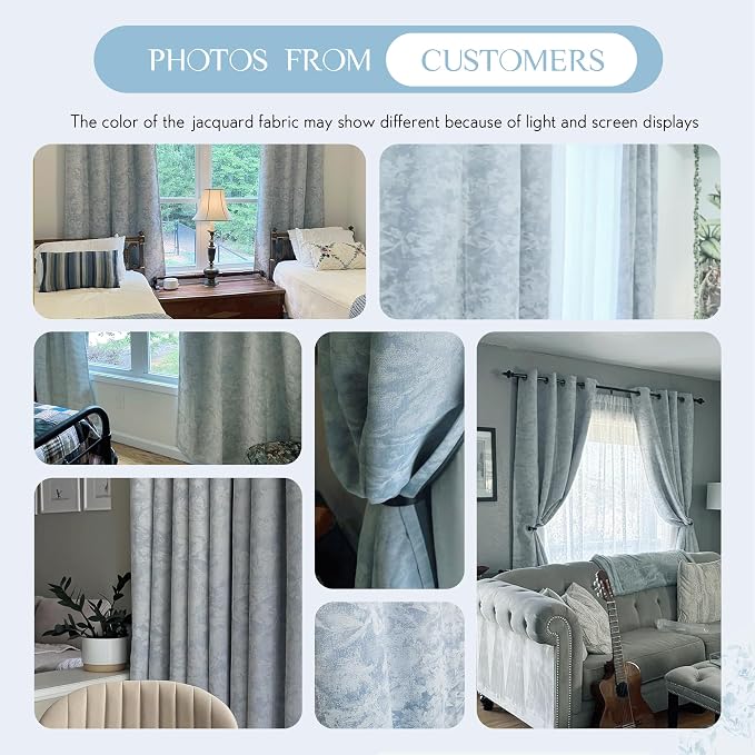 Beauoop Blue Floral Jacquard Blackout Curtains for Bedroom 52x96 2 Panels | Flower Chenille Room Darkening Drapes for Living Room 96 Inch Long Thermal Insulated Soundproof Window treatment Grommet