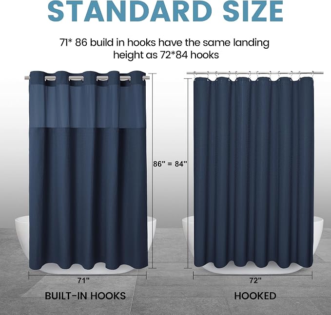 EUTXL Heavyweight Navy Blue Long No Hook Shower Curtain with Snap in Liner,256GSM Waffle Weave Shower Curtains for Bathroom,71W x 86H