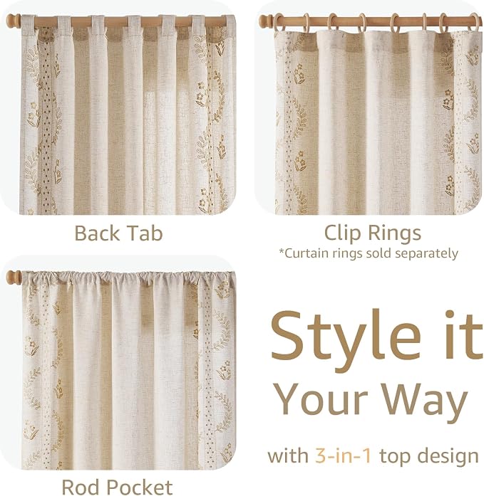jinchan Floral Linen Curtains 63 Inch Farmhouse Back Tab 4 Panels Beige | Embroidered curtains,boho curtains,living room,bedroom,light filtering,privacy,flower patterned drapes,window treatment