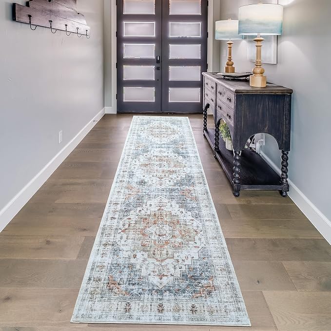 Mandala - Indoor Area Rugs 2x8 Washable, Stain Resistant Machine Washable Rugs for Living Room, Bedroom, and Modern House Décor - Durable Polyester Material, Colorful Patterned - Beige & Grey