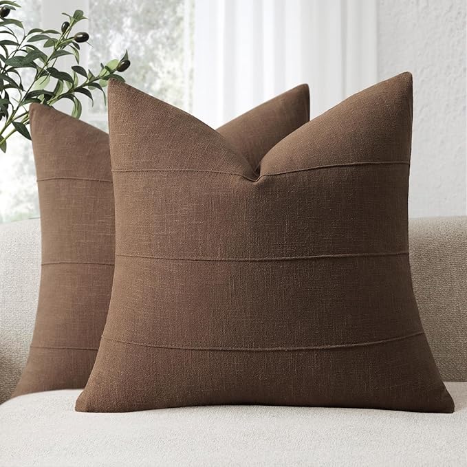 ZWJD Decorative Linen Throw Pillow Covers 24x24 Set of 2 Solid Handcrafted Striped Cushion Covers for Bed Soft Modern Farmhouse Neutral Pillowcase for Couch Bedroom Living Room Home Decor(Brown)