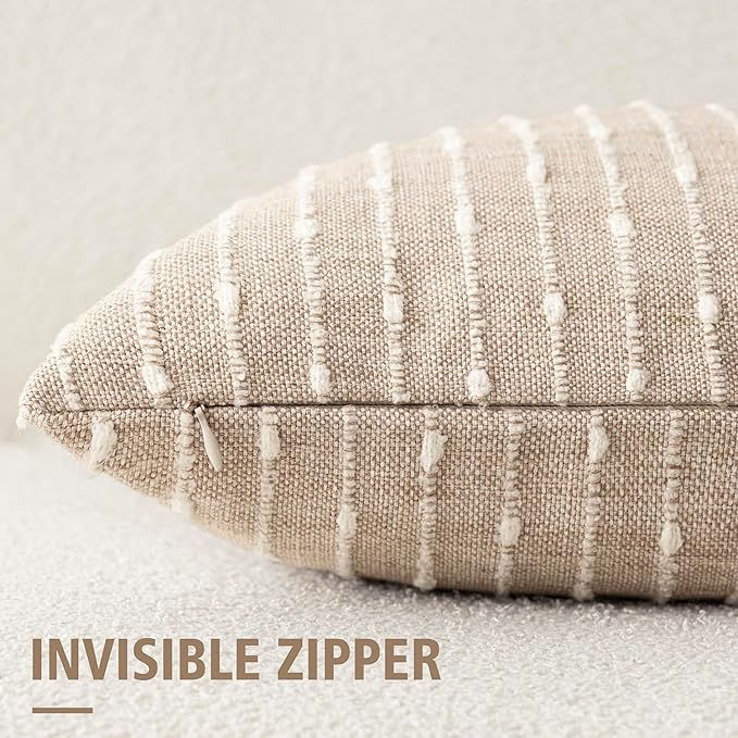 Foindtower Pack of 2 Decorative Jacquard Boucle Throw Pillow Covers Accent Textured Striped Pillowcases Cozy Modern Cushion for Couch Sofa Bedroom Living Room Home Decor 18x18 Inch Natural Beige