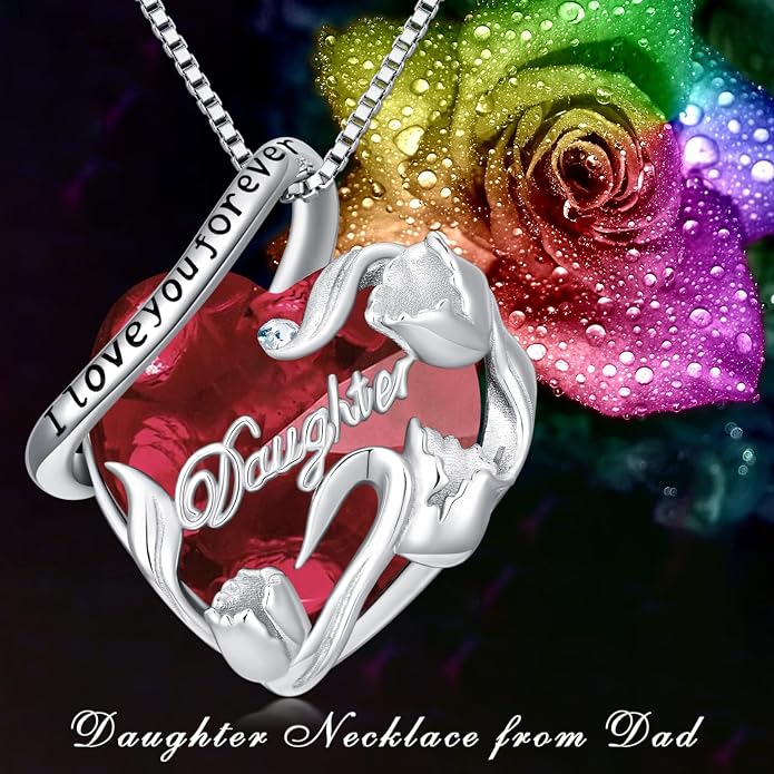 PROESS S925 Sterling Silver Daughter Heart Pendant Necklace from Dad Mom I Love You Forever Jewelry