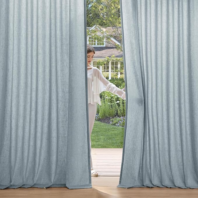 MIULEE Non-See-Through Privacy Linen Curtains 52W x 63L Inch Stone Blue | 2 Panels, Light Filtering, Semi Sheer Window Curtains, Farmhouse Textured, Back Tab Drapes for Bedroom Living Room