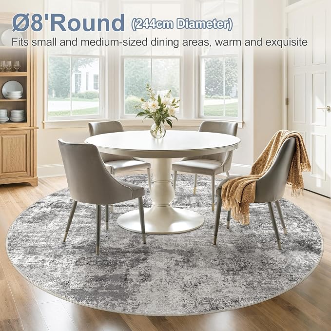 DMOYEST 8ft Round Area Rug for Living Room - 8x8 Washable & Non Slip Circle Rug, Kid & Pet Friendly Soft Low Pile Abstract Carpet for Bedroom and Dining Room - Grey