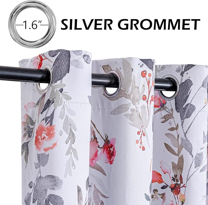 MYSKY HOME Floral Curtains Living Room Curtains 84 inch Length Room Darkening Curtains Energy Saving Thermal Insulated Window Curtain Grommet Top for Bedroom Dining Room, 2 Panels, Red and Gray