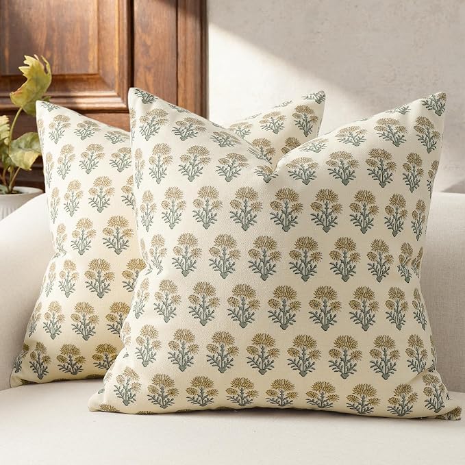 Farmhouse Floral Pillow Covers 24x24 Set of 2, Country Botanical Throw Pillow Cover for Sofa Couch Bed Living Room, Rustic Vintage Flower Cushion Covers Cottage Home Décor,Olive Yellow