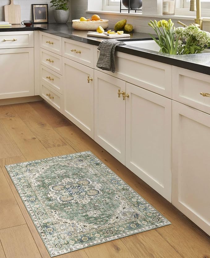 LUXRUG 2x3 Rugs for Entryway - Washable Doormat Ultra-Thin Sage Green Vintage Oriental Kitchen Rugs Non-Slip Front Door Mat Indoor Entrance Boho Small Throw Rug for Bedroom Bathroom Mudroom Carpet