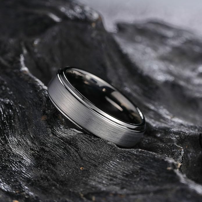 King Will Classic Tungsten Wedding Band for Men, 6/7/8/9/10mm Widths, Polished Finish Step Edge Matte Rings Comfort Fit