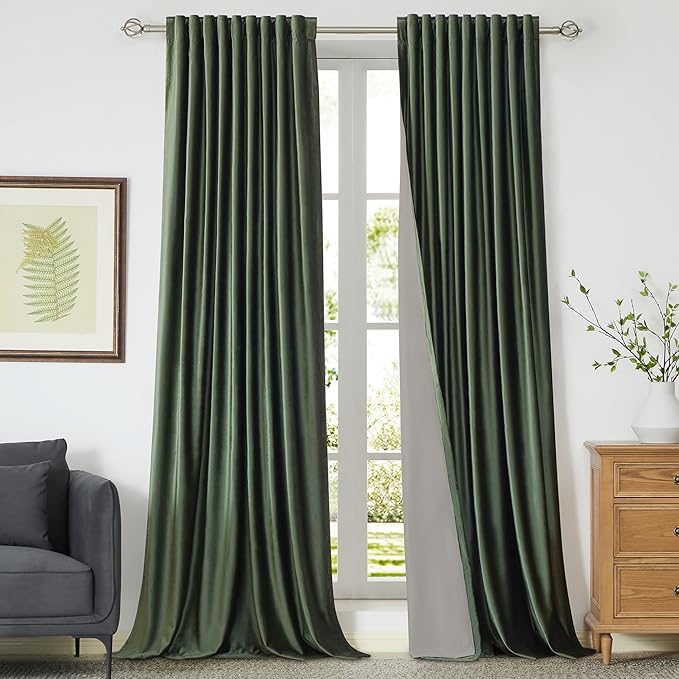 100% Full Blackout Olive Green Velvet Curtains 96 inch Long for Living Room,Set of 2 Liner Rod Pocket Back Tab Thermal Window Curtains Room Darkening Heavy Decorative Curtains Drapes for Bedroom