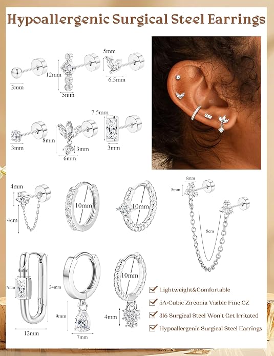 ORAZIO 20G Helix Piercing Jewelry Flat Back Cartilage Earrings for Women Surgical Stainless Steel Hypoallergenic Hoop Stud Earrings Set Tragus Helix Piercing Jewelry for Sensitive Ears Single Pc