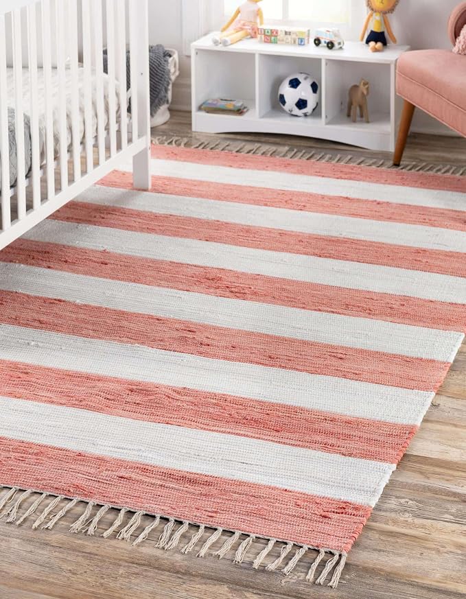 Unique Loom Chindi Rag Collection Area Rug - Striped (10' x 14' 1" Rectangle, Coral and Ivory)